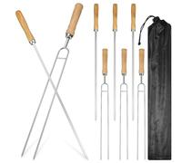 Garneck 8pièces Brochettes pour Barbecue Acier Inoxydable avec Manche Bois de Fourchettes Double Tête et Fourchettes Simple Tête Accessoire Réutilisable pour Grillades Couleur Aléatoire