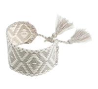 Garneck Bracelet Tissé la Main Ajustable pour Femme, Style Ethnique Pompons, Large Bande Jacquard Tressée en Corde Naturelle Gris Clair, Accessoire Bohème D'été, Bracelet Manchette