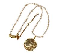 Garneck Collier Pendentif Rond en Métal Plaqué Doré Perles Naturelles Chaîne de Pull Vintage Chic pour Femme Bijou Élégant Ras du Cou Accessoire Mode pour Occasions Spéciales
