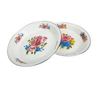 Garneck Lot de 2 Assiettes Émaillées Épaisses Style Rétro 29 Cm en Fer Motifs Floraux Rose et Pivoine, Assiettes Multifonctionnelles pour Légumes, Fruits et Conservation des Aliments,