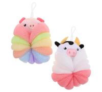 Garneck Lot de 2 Poufs de Bain Animaux en Maille Grosse Taille Éponges Exfoliantes Cochon et Vache pour Garçon et Filles, Accessoires de Bain Mignons, Mousse Abondante, Séchage Rapide,