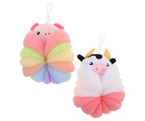 Garneck Lot de 2 Poufs de Bain Animaux en Maille Grosse Taille Éponges Exfoliantes Cochon et Vache pour Garçon et Filles, Accessoires de Bain Mignons, Mousse Abondante, Séchage Rapide,