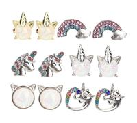 Garneck Lot de 6 Paires de Boucles D’oreilles Clips pour Garçon et Filles Motifs Licorne et Arc-en-ciel, Petites Boucles Strass Couleur Blanche et Dorée, Présent Fille Fête Déguisement