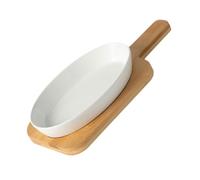 Garneck Plat de Cuisson Ovale Céramique Haute Résistance avec Support Bois Adapté Four et Micro-ondes pour Cuisson et Service de Plats Gratinés et Riz Au Four