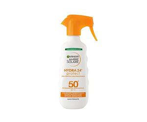 Garnier Ambre Solaire Hydra 24H Protect Spray déclencheur SPF50 270 ml, hydratation jusqu'à 24 h avec vitamine E, absorption rapide non grasse, résistant à l'eau, formule végétalienne, approuvé