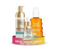 Garnier Ambre Solaire Routine Bronzage Natural Complète, Mousse Autobronzante 200ml + Sérum Visage 30ml + Eau Solaire SPF50, Eau de Coco + Acide Hyaluronique + Protection UV