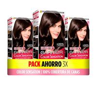 Garnier Color Sensation Lot de 3 boîtes de teinture : couleurs vives et durables, couverture complète des cheveux gris, application facile au bol et au pinceau, cheveux doux et soyeux, marron foncé