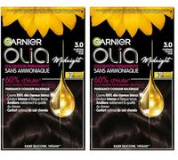 Garnier Coloration Permanente - Sans Ammoniaque - Aux Huiles Naturelles de Fleurs - Noir/Châtain Foncé Pur (3.0) - Olia (Lot de 2)