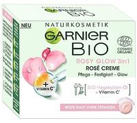 Garnier Crème pour le visage pour peaux fatiguées sans rayonnement, pour un éclat jeune, soin et fermeté, avec huile de rose musquée bio et vitamine C, Garnier bio Rosy Glow 3 en 1, 50 ml