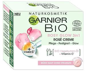 Garnier Crème pour le visage pour peaux fatiguées sans rayonnement, pour un éclat jeune, soin et fermeté, avec huile de rose musquée bio et vitamine C, Garnier bio Rosy Glow 3 en 1, 50 ml