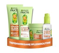 Garnier Fructis Keratin Sleek Kit de soin avec shampooing, après-shampoing, masque et sérum à l'huile d'argan et complexe kératine-leek pour cheveux secs et sujets aux frisottis