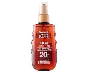Garnier Huile bronzante en spray, protection moyenne, SPF 20+, bronzage doré et intense, peau protégée et embrassée par le soleil, imperméable, Ambre Solaire, Ideal Bronze, 150 ml