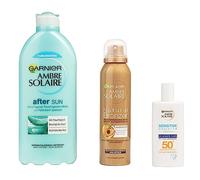 Garnier Kit de soin pour peau bronzée avec crème solaire SPF 50+ à l'acide hyaluronique, spray autobronzant à l'huile d'abricot et lotion après-soleil à l'aloe vera, kit Ambre Solaire 3 pièces
