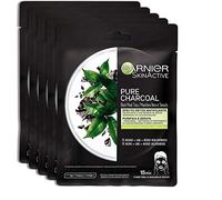 Garnier Masque en tissu purifiant et hydratant Skin Active Pure Charcoal, pour peaux normales à mixtes, effet détox matant, avec charbon, acide hyaluronique, LHA et thé noir, lot de 5