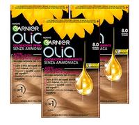 Garnier Olia Coloration permanente sans ammoniaque avec des huiles naturelles de fleurs à action éclairante et nutritive, couleur 8.0 Blond naturel - 3 boîtes