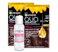 Garnier Olia Glow - Coloration permanente pour cheveux, 5.12 brun froid irisé, 2 teintures + eau micellaire, détergent doux pour le visage, les yeux et les lèvres, format voyage, 30 ml