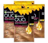 Garnier Olia Teinture Permanente pour Cheveux Sans Ammoniaque Coloration avec des Huiles de Fleurs d’Origine Naturelle à Action Illuminante et Nourrissante Couleur 8.0 Blond Clair - 4 Packs