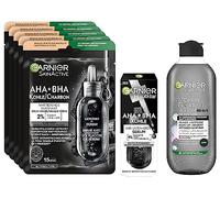Garnier SkinActive Black Skin Routine Kit de soin du visage avec 5 masques noirs, tonique micellaire et sérum AHA BHA pour un teint plus uniforme sur les peaux normales ou à imperfections