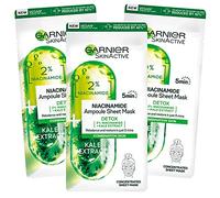 Garnier SkinActive Lot de 3 masques jetables en tissu détox purifiant à la niacinamide pour peaux mixtes et grasses Action antioxydante