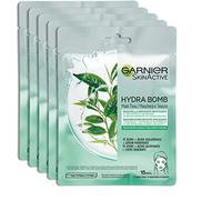 Garnier SkinActive Masque en tissu super hydratant et matifiant Hydra Bomb, pour peaux mixtes ou grasses, Thé vert, Lot de 5