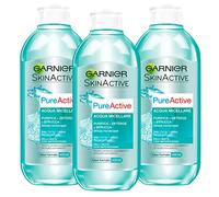 Garnier SkinActive PureActive Micellar Démaquillant à l'eau pour peaux mixtes avec imperfections Effet nettoyant sans rinçage Visage Yeux Lèvres Formule sans parfum - 3 bouteilles de 400