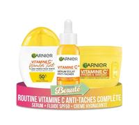 Garnier SkinActive Routine Vitamine C Anti-Taches Complète, Sérum Concentré 30ml + Fluide Teinté SPF50+ Medium + Crème Sorbet Hydratante 85ml, Niacinamide + Acide Salicylique Protection Solaire