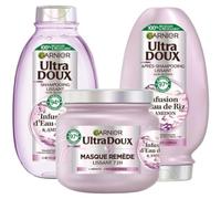 Garnier Ultra Doux - Coffret Routine Lissante Douceur & Brillance - À l’Infusion d’Eau de Riz - Pour les Cheveux Rebelles et Indisciplinés - Shampooing, Après-Shampooing & Masque