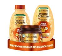 Garnier Wahre Schätze Lot de 3 accessoires de soin pour cheveux au miel d'acacia, manuka et lavande, shampoing miel (250 ml), après-shampoing 200 ml, cure 1 minute (340 ml)