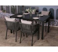 Garniture de jardin HWC-N41, table+4xchaises, résistant aux intempéries alu 140x80cm, corde tressée Rope ~ anthracite Coussin gris