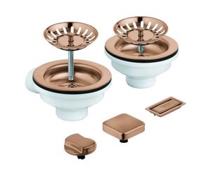 Garniture de vidage GROHE, avec excentrique, pour éviers de cuisine à 2 bacs, avec élément de recouvrement, capuchon/couvre-siège carré, 40998DL0, Couleur: coucher de soleil chaud brossé