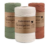 GARNIYARN Lot de 3 fils pour macramé 3 mm 400 m - Naturel, terre cuite et vert sauge - 4 torsions - Certifié Oeko-Tex - Fil de macramé 100 % coton