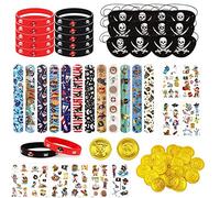 GAROMIA Lot de 70 pièces pour anniversaire d'enfant - Décoration pirate - Pièces d'or - Pirates - Bracelets en silicone - Cache-œil de pirate - Tatouages pirates - Accessoires pour enfants - Fête