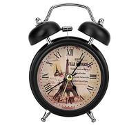 Garosa Rétro Réveil Matin Silencieux de Chevet à Quartz Voyage Enfant à Piles à Double Cloche Chiffres Romains Non Tac Pouces avec Veilleuse Paris Tour Eiffel Placard de Bureau Chambre (Noir)