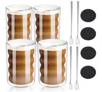 GARPROVM Tasse à latte macchiato, 450ml Verres à café à double paroi 4 Pcs, tasses à expresso tasses à capuccino verres à thé verre thermos en spirale, 4 cuillères + 4 sous-verres