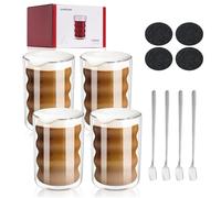 GARPROVM Verre Latte Macchiato, Verre Double Paroi 350ml Set Verre Double Paroi 4 Pcs avec 4 Cuillères et 4 Sous-verres Tasse en Verre Double Paroi Tasses à Expresso (350ml, 4 Pcs)