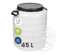 Garronda Fût Alimentaire 45 L Grille de Presse Plastique HDPE Tonneau Baril Grande Ouverture pour Eau, Stockage et Fermentation Recupérateur d Eau de Pluie GD-0187 Blanc