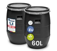 Garronda Lot de 2 fûts 60L en HDPE Alimentaire sans BPA - Barils à Large Ouverture pour Eau, Jardin, Aliments Animaux - Tonneaux de Stockage universels - Bleu GD-0122, Noir
