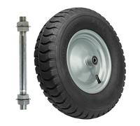 Garronda Roue de brouette 4.80/4.00-8 8PR Heavy Duty Ø 405×95 mm avec axe, pneumatique renforcée, jante acier, doubles roulements, valve auto, moyeu 99 mm alésage 12 mm - ch GD-0163, Noir-Argent