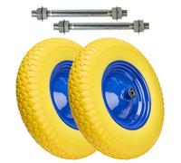 Garronda Roue pleine PU 4.80/4.00-8 Ø390x95mm, avec axe, doubles roulements, increvable, jante acier, Lot de 2, rechange brouette/chariot, GD-0165, Jaune-Bleu