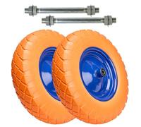 Garronda Roue pleine PU 4.80/4.00-8 Ø390x95mm, avec axe, doubles roulements, increvable, jante acier, Lot de 2, rechange brouette/chariot, GD-0165, Orange-Bleu