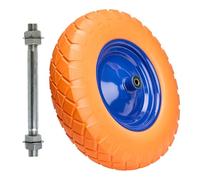 Garronda Roue pleine PU 4.80/4.00-8 avec axe, Ø 390×95 mm, increvable, jante acier peinte, doubles roulements, moyeu 97 mm alésage 12 mm - rechange pour brouette et chariot GD-0165, Orange-Bleu