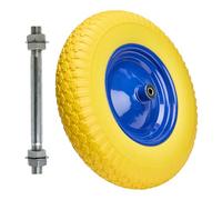 Garronda Roue pleine PU 4.80/4.00-8 avec axe, Ø 390×95 mm, increvable, jante acier peinte, doubles roulements, moyeu 97 mm alésage 12 mm - rechange pour brouette et chariot GD-0165, Jaune-Bleu