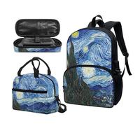 Garronmavis Ensemble sac à dos tropical hawaïen, Van Gogh La nuit étoilée, sac à déjeuner isotherme motif flèche tribal paresseux boîte à crayons durable, Van Gogh la nuit étoilée, Ensemble cartable