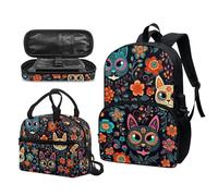 Garronmavis Ensemble sac à dos tropical hawaïen, Van Gogh La nuit étoilée, sac à déjeuner isotherme motif flèche tribal paresseux boîte à crayons durable, Boho Cat Ethnique Tribal, Ensemble cartable