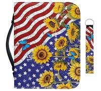 Garronmavis Étui bible papillon tournesol drapeau américain pour filles Morpho Fleur drapeaux américains Sac Bible Étui avec poche 4 juillet Poignée porte-clés - L