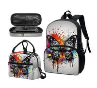 Garronmavis Galaxy Butterfly Lot de 3 sacs à dos isolants pour jeunes, motif requin funky 43,2 cm, sac à crayons multicouche pour jeunes, Splash Butterfly, Ensemble cartable