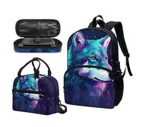 Garronmavis Galaxy Butterfly Lot de 3 sacs à dos isolants pour jeunes, motif requin funky 43,2 cm, sac à crayons multicouche pour jeunes, Loup galaxie irisé, Ensemble cartable