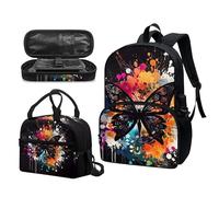 Garronmavis Galaxy Butterfly Lot de 3 sacs à dos isolants pour jeunes, motif requin funky 43,2 cm, sac à crayons multicouche pour jeunes, Papillon noir coloré, Ensemble cartable