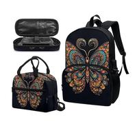 Garronmavis Lot de 3 sacs à dos Rock&Roll motif tête de mort pour filles - Boston Terrier - Sac à déjeuner et trousse à crayons, Boho Mandala Papillon, Ensemble cartable