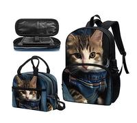 Garronmavis Sac à dos coloré motif tête de mort floral sac à dos ciel étoilé sac à déjeuner esthétique animaux de la forêt boîte à crayons adolescent étudiant, Chat mignon American Shorthair, Ensemble